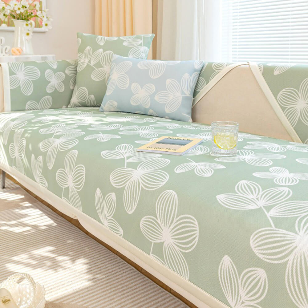Fresh Floral Ice-Silk Cooling Couch Cover with Non-Slip Grip