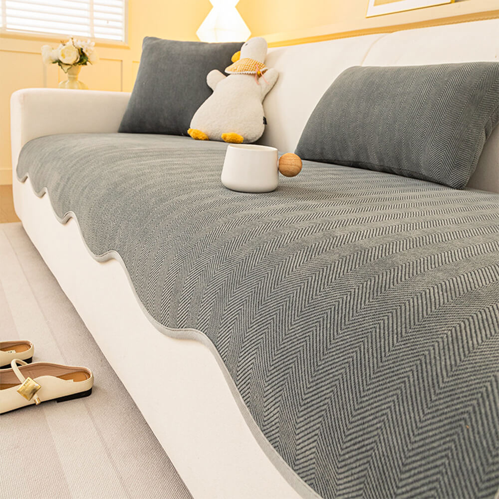 Chic Herringbone Chenille Non-Slip Couch Cover with a Wavy Edge - Minimalist Design