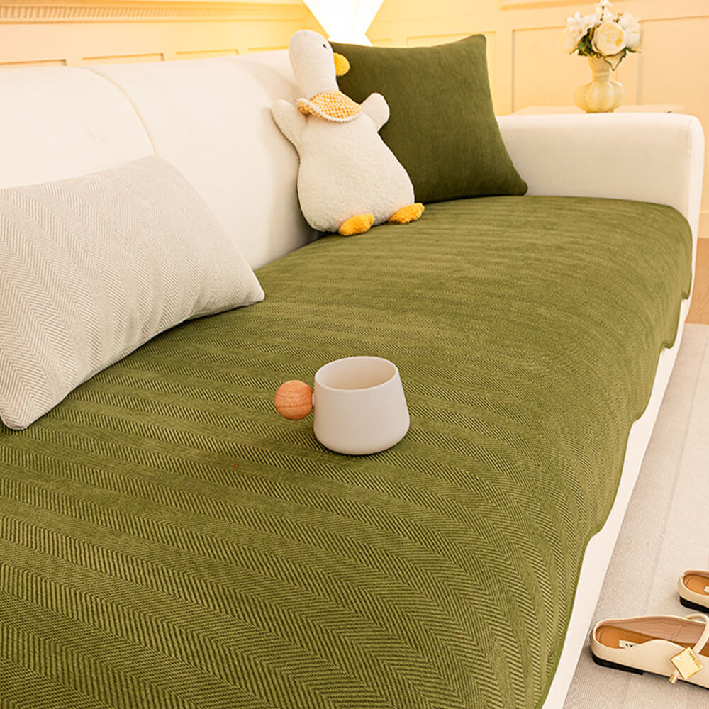 Chic Herringbone Chenille Non-Slip Couch Cover with a Wavy Edge - Minimalist Design