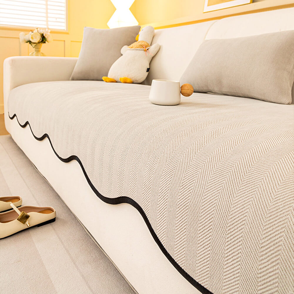 Chic Herringbone Chenille Non-Slip Couch Cover with a Wavy Edge - Minimalist Design