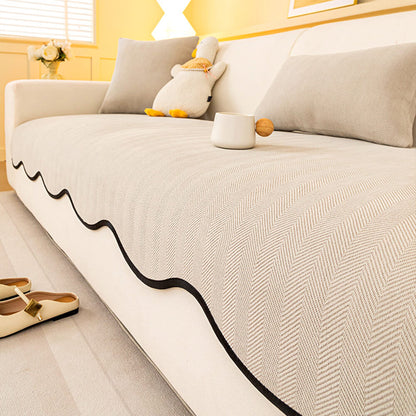 Chic Herringbone Chenille Non-Slip Couch Cover with a Wavy Edge - Minimalist Design