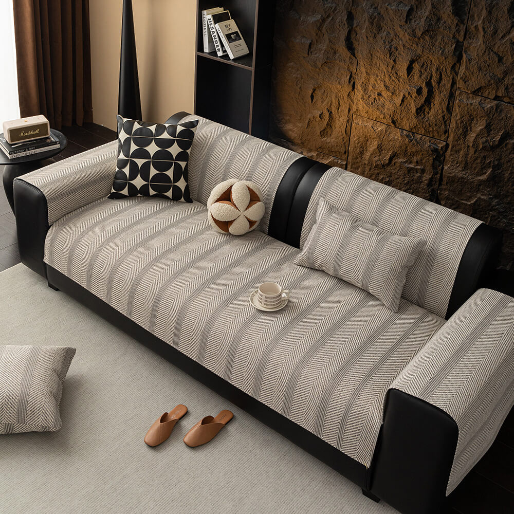 All-Season Breathable Faux Linen Couch Cover with Minimalist Herringbone Weave