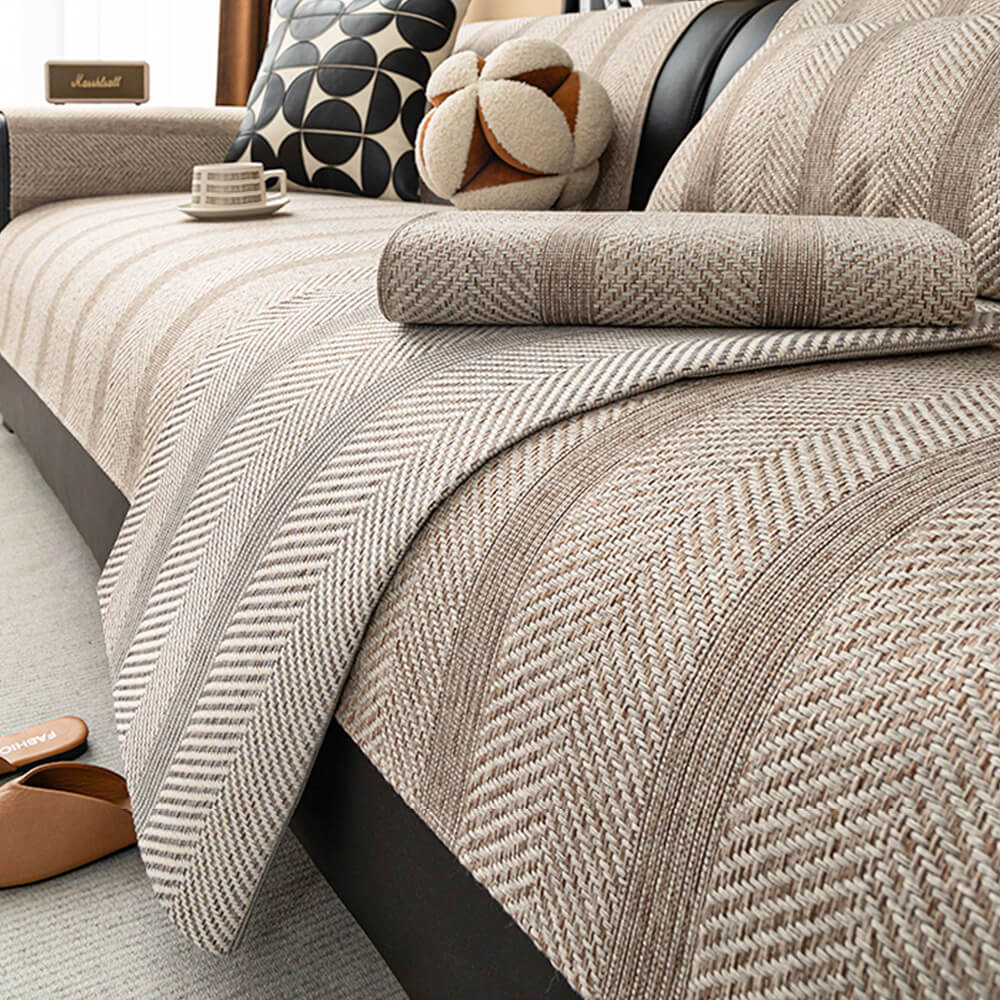 All-Season Breathable Faux Linen Couch Cover with Minimalist Herringbone Weave