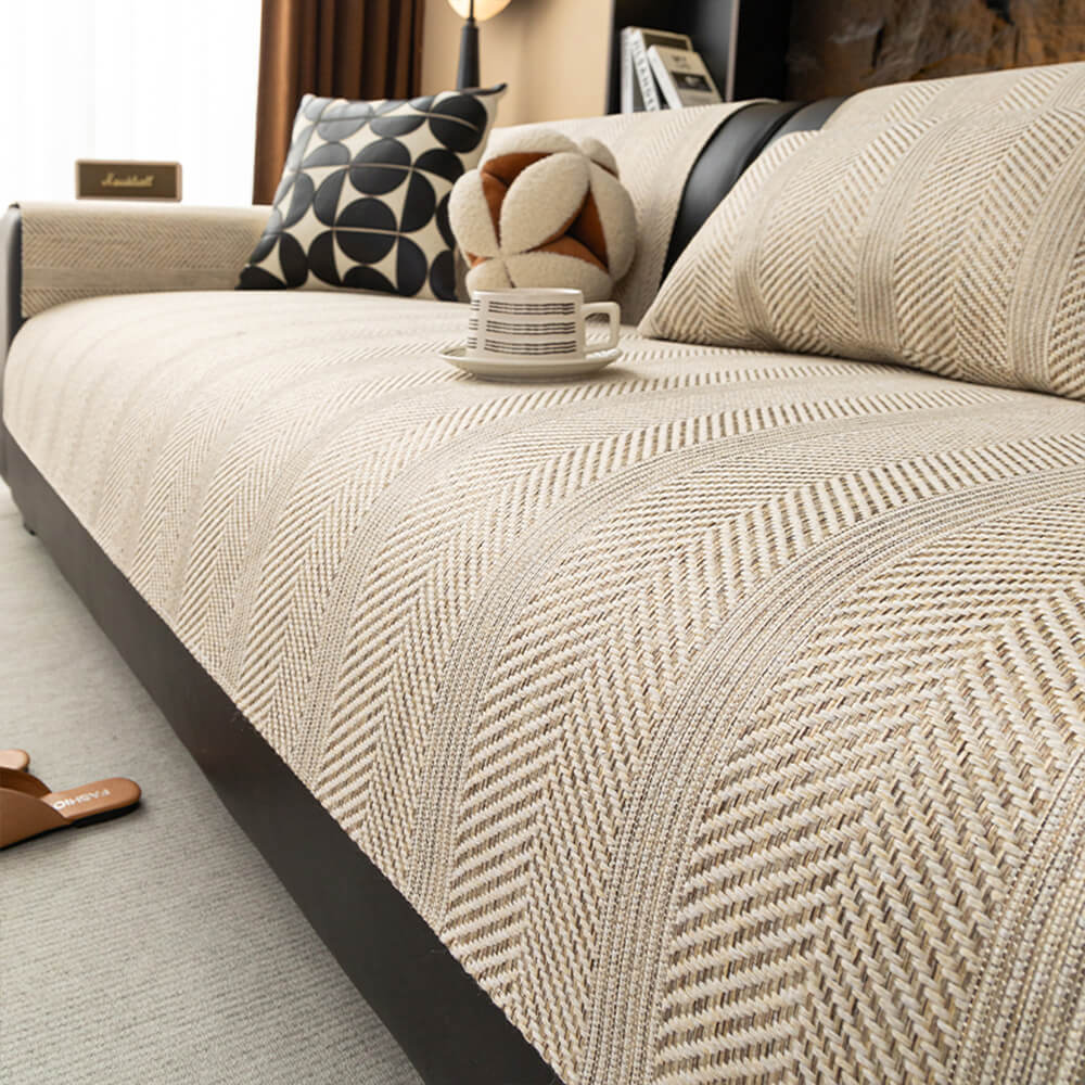 All-Season Breathable Faux Linen Couch Cover with Minimalist Herringbone Weave