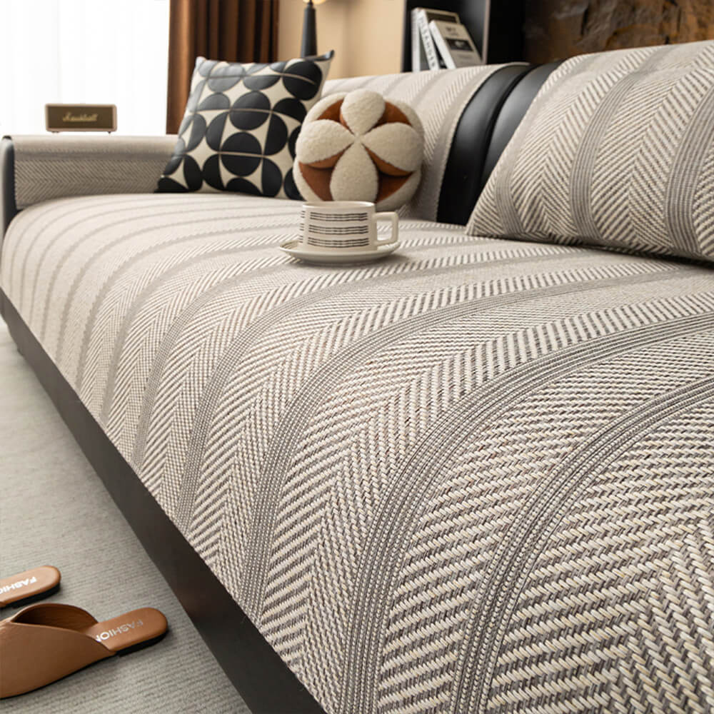 All-Season Breathable Faux Linen Couch Cover with Minimalist Herringbone Weave