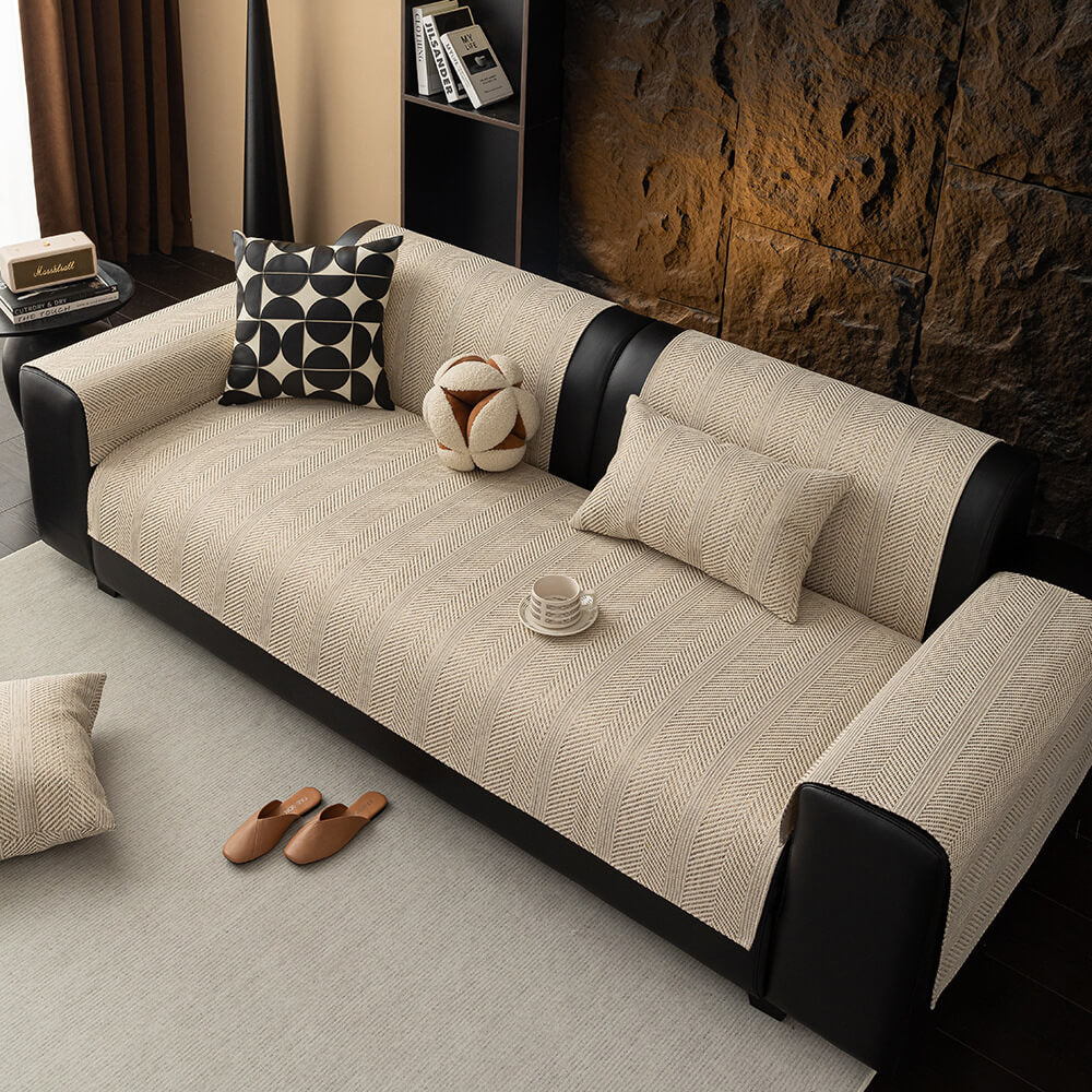 All-Season Breathable Faux Linen Couch Cover with Minimalist Herringbone Weave