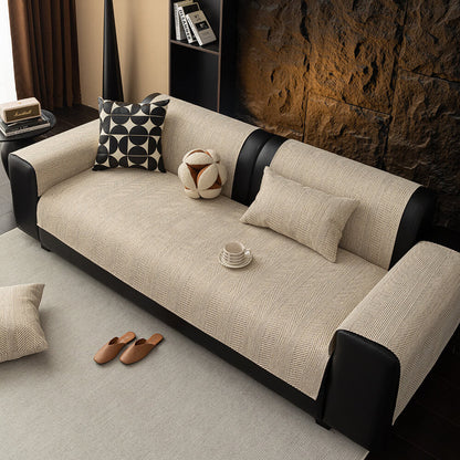 All-Season Breathable Faux Linen Couch Cover with Minimalist Herringbone Weave
