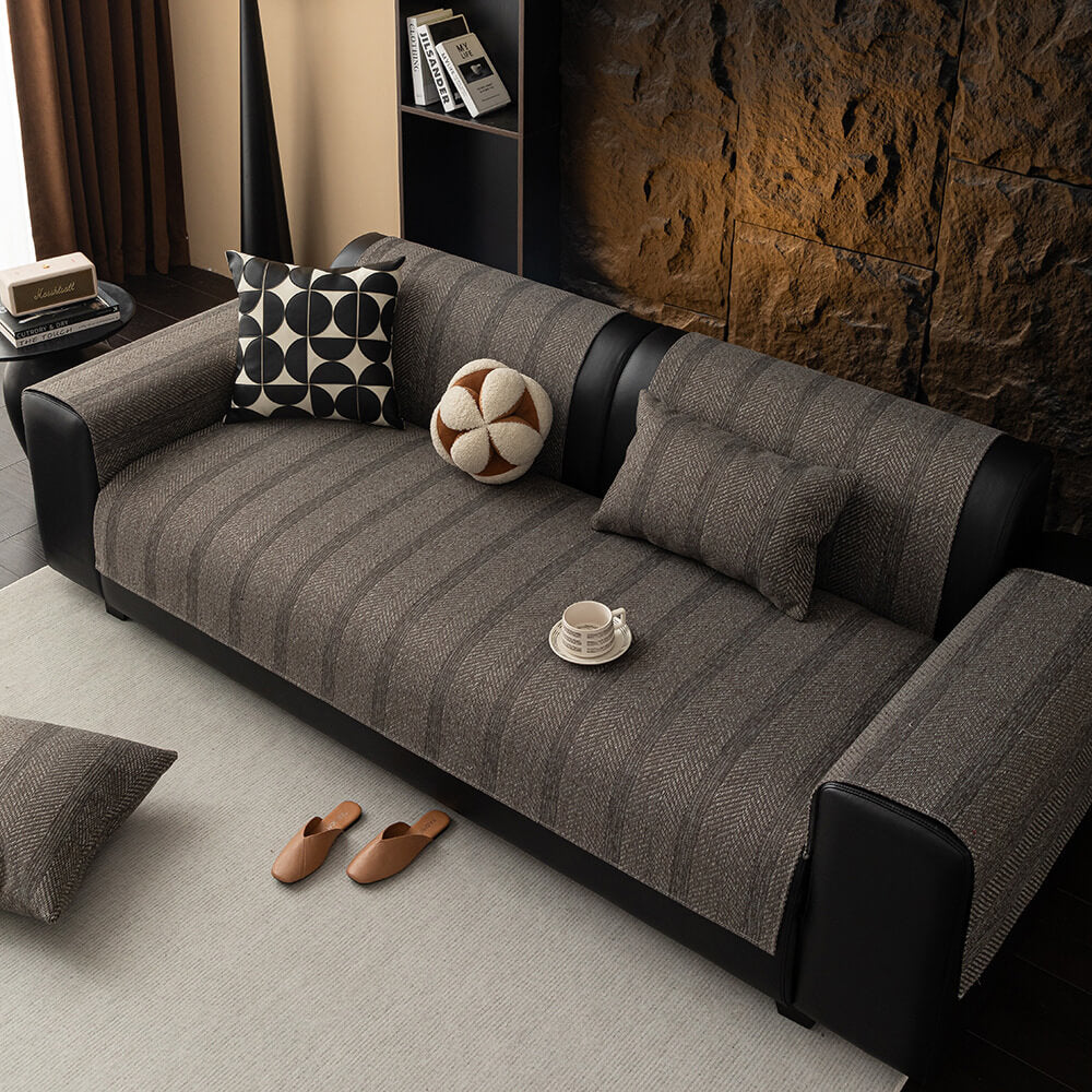 All-Season Breathable Faux Linen Couch Cover with Minimalist Herringbone Weave