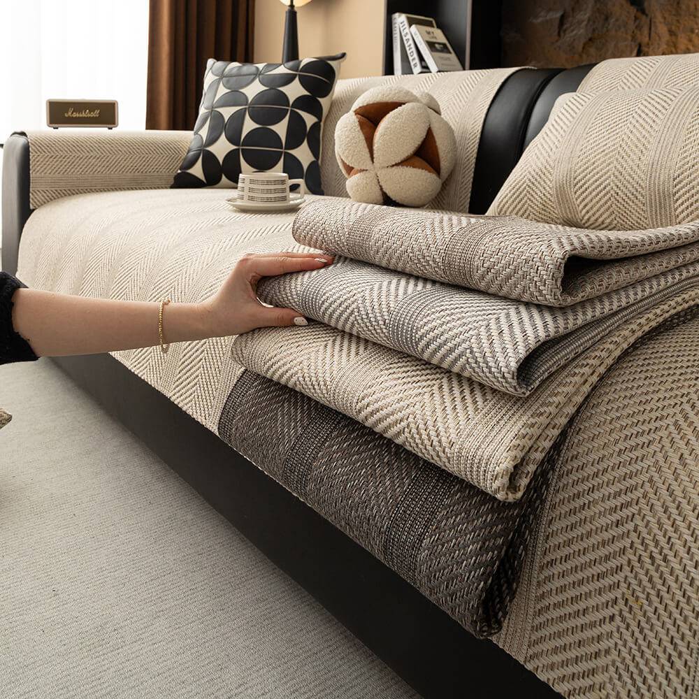 All-Season Breathable Faux Linen Couch Cover with Minimalist Herringbone Weave