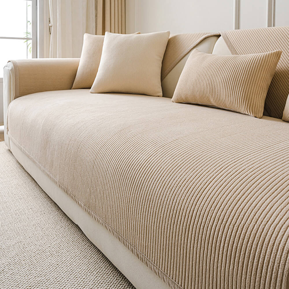 Cozy Contemporary Cream Vertical Stripe Fleece Couch Cover for All Seasons