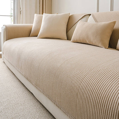 Cozy Contemporary Cream Vertical Stripe Fleece Couch Cover for All Seasons