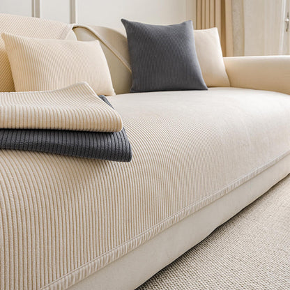 Cozy Contemporary Cream Vertical Stripe Fleece Couch Cover for All Seasons