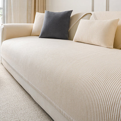 Cozy Contemporary Cream Vertical Stripe Fleece Couch Cover for All Seasons