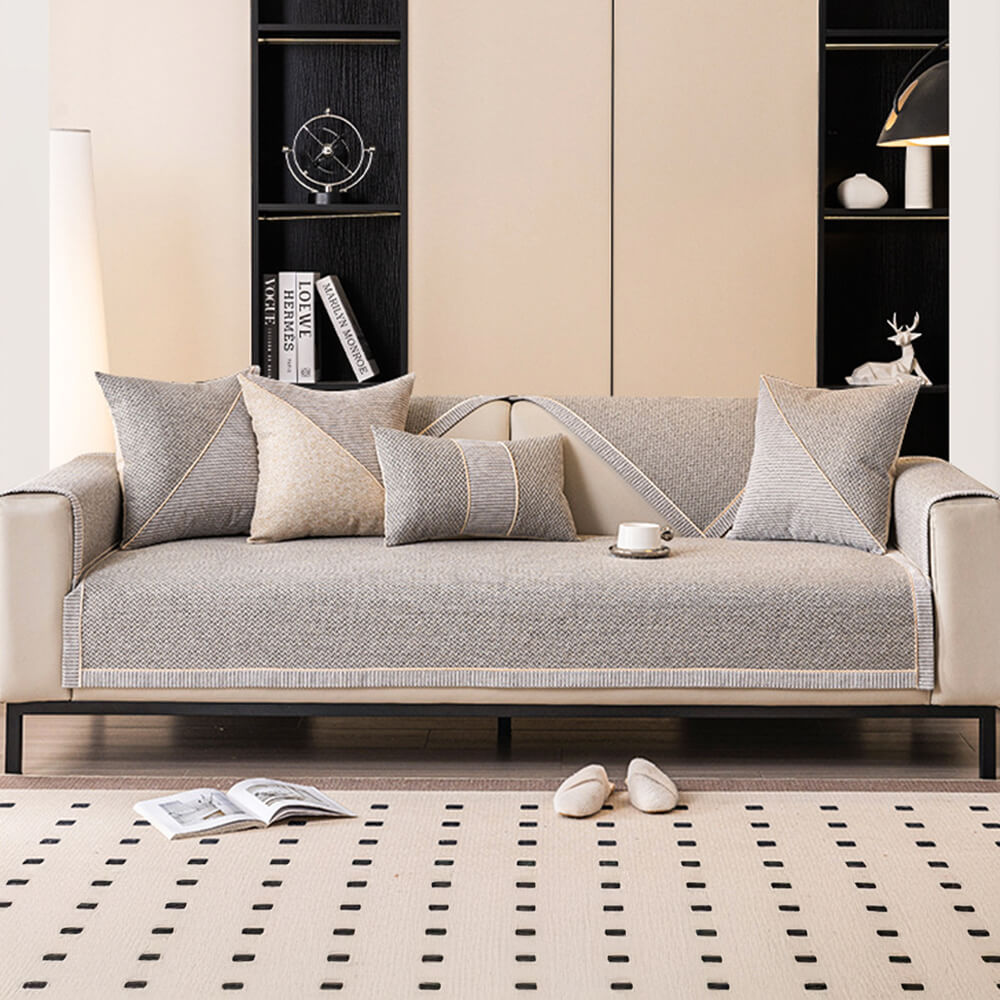 Breathable Woven Cotton-Linen Couch Cover with Non-Slip Backing