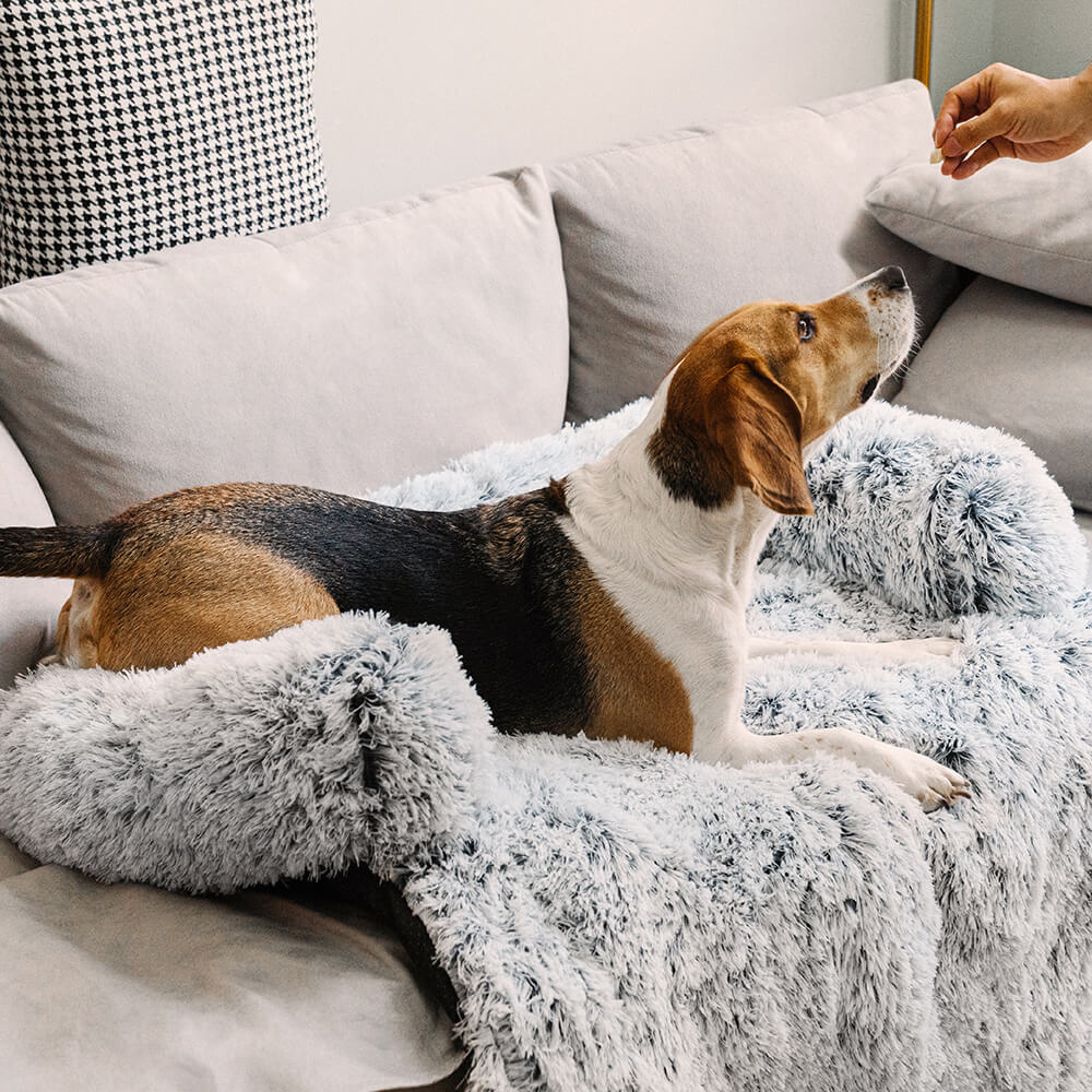 Calming Furniture Protector Dog Bed with Plush Fuzzy Backrest