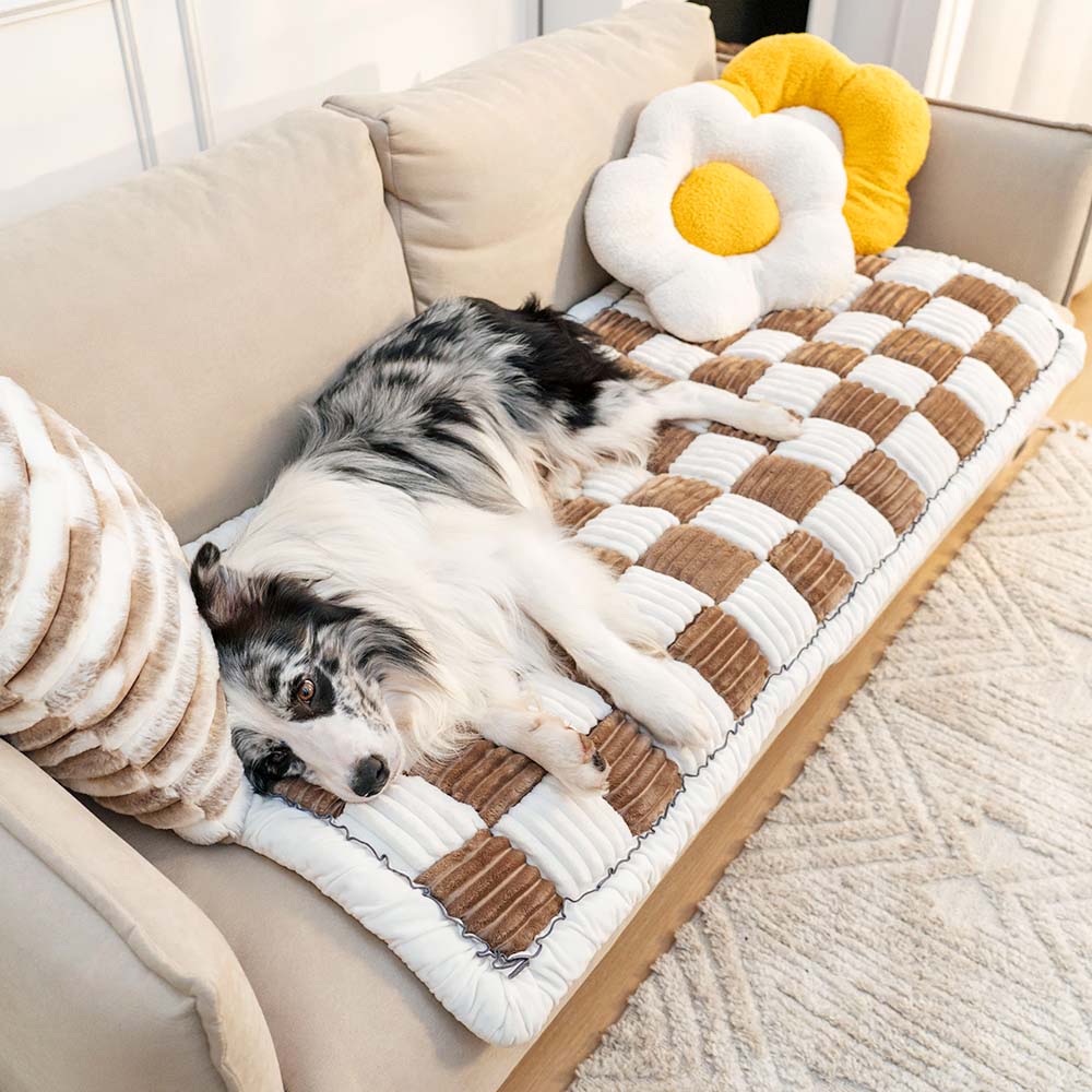 Cream-Colored Large Plaid Square Fuzzy Pet Mat - Multi-Use Bed and Couch Cover