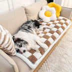 Cream-Colored Large Plaid Square Fuzzy Pet Mat - Multi-Use Bed and Couch Cover