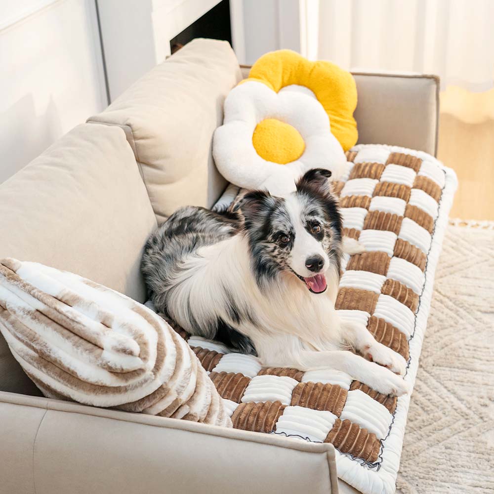Cream-Colored Large Plaid Square Fuzzy Pet Mat - Multi-Use Bed and Couch Cover