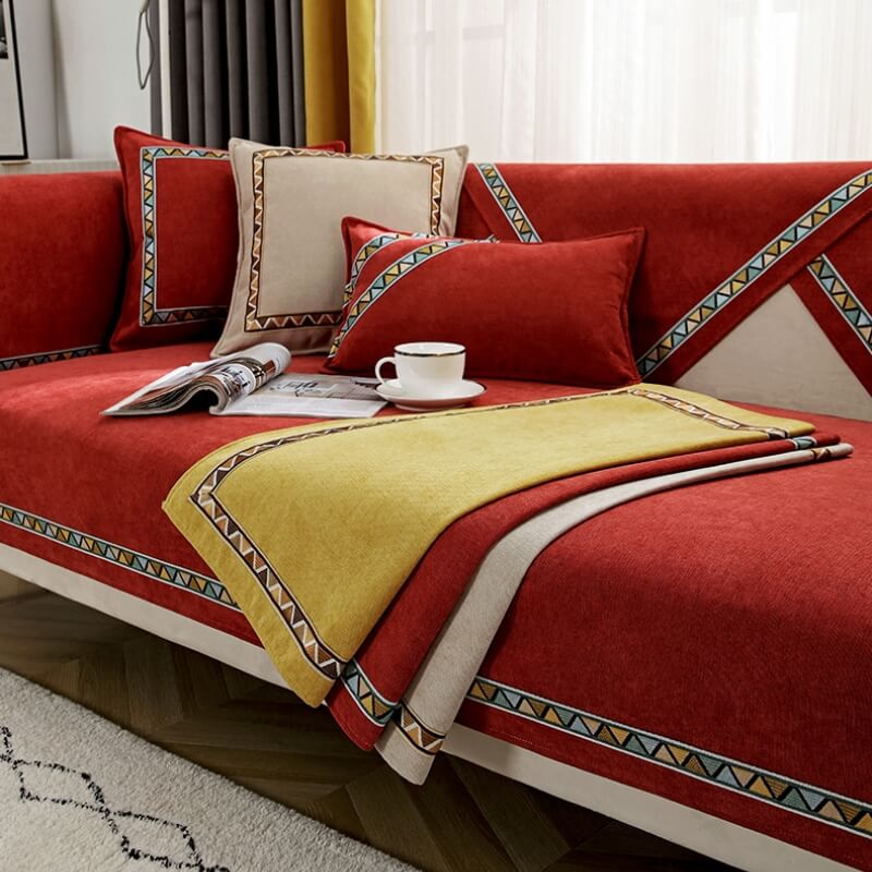 Geometric Chenille Couch Cover - Non-Slip, Solid-Color Slipcover for Cozy Comfort