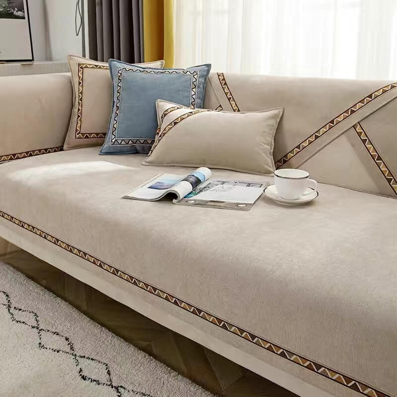 Geometric Chenille Couch Cover - Non-Slip, Solid-Color Slipcover for Cozy Comfort
