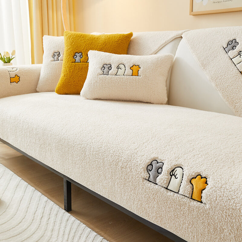 Cozy Cat's Paw Sherpa Fleece Anti-Slip Couch Cover