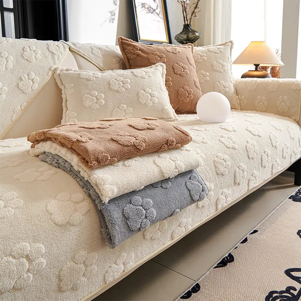 Cute Paw Print Plush Thick Sofa Cover – Non-Slip Couch Protector & Decor
