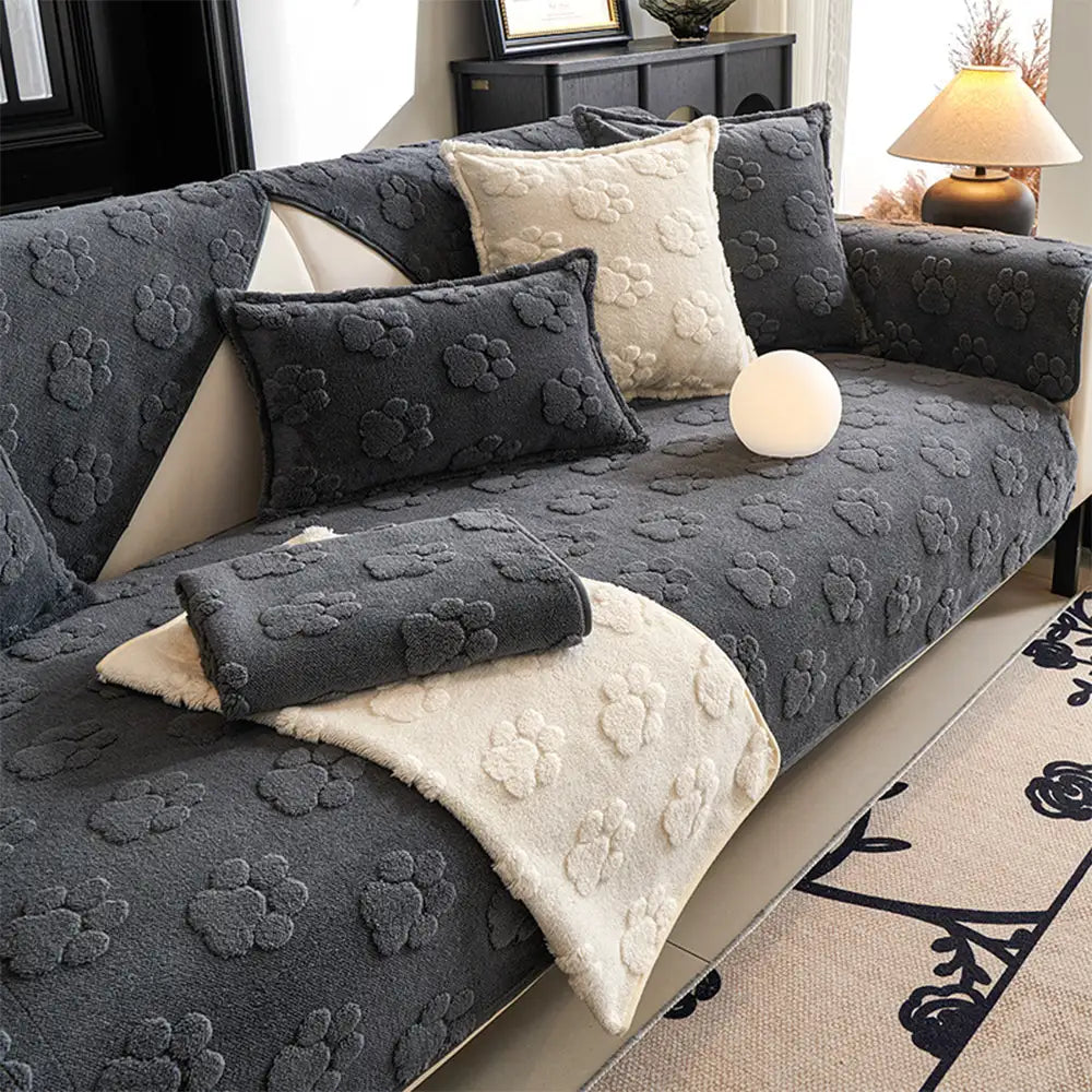 Cute Paw Print Plush Thick Sofa Cover – Non-Slip Couch Protector & Decor