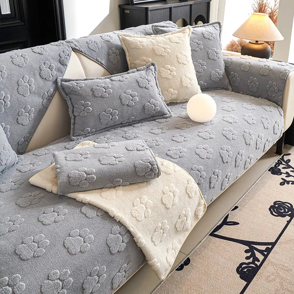 Cute Paw Print Plush Thick Sofa Cover – Non-Slip Couch Protector & Decor