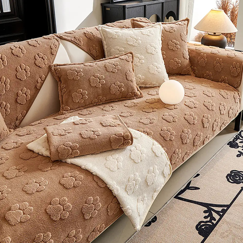 Cute Paw Print Plush Thick Sofa Cover – Non-Slip Couch Protector & Decor