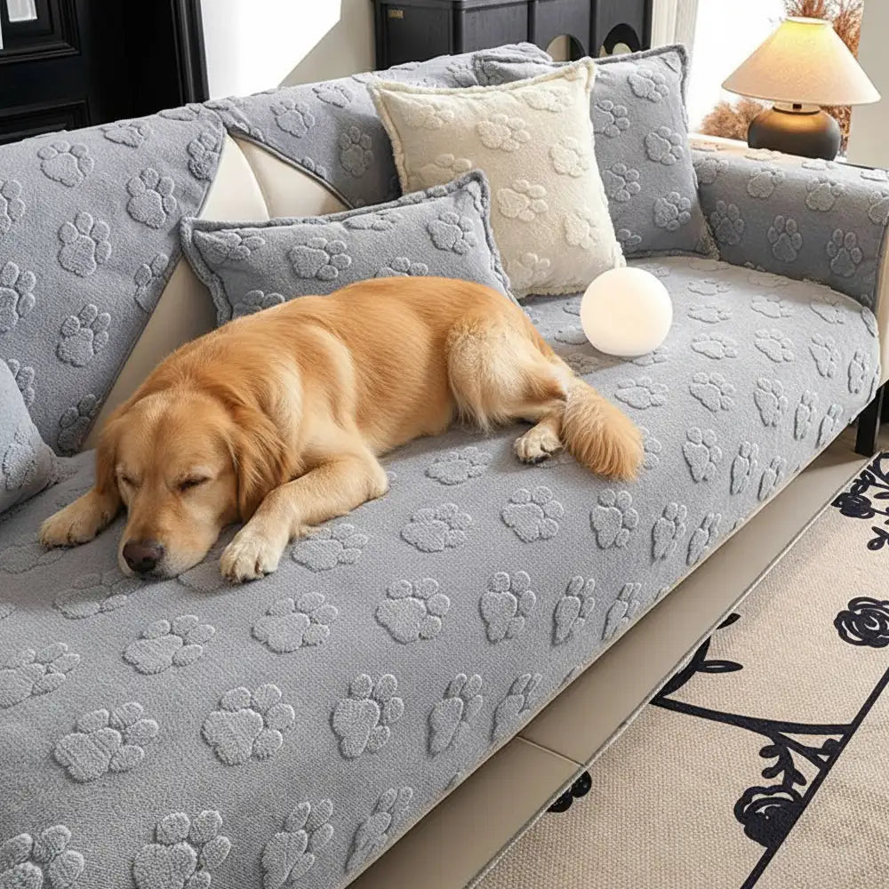 Cute Paw Print Plush Thick Sofa Cover – Non-Slip Couch Protector & Decor