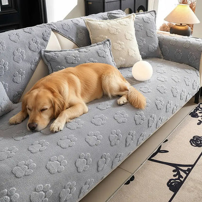 Cute Paw Print Plush Thick Sofa Cover – Non-Slip Couch Protector & Decor