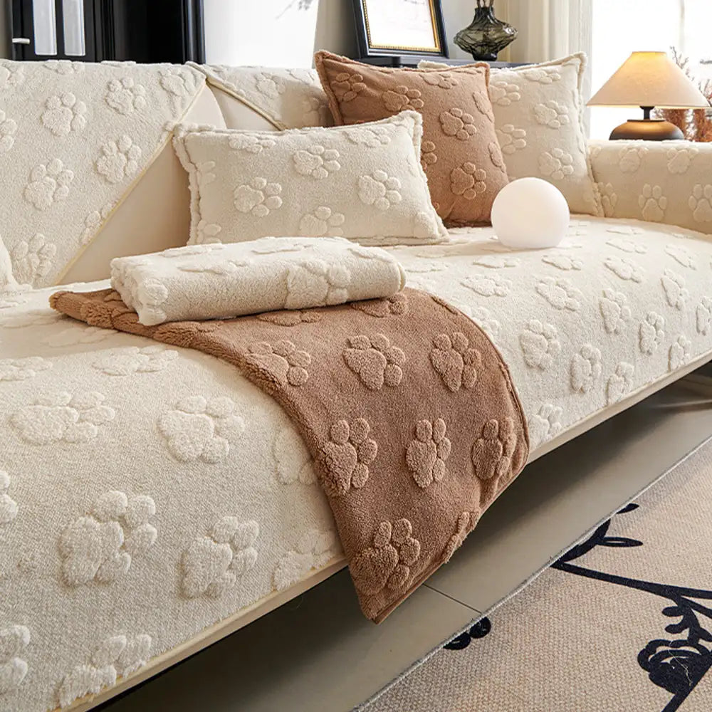 Cute Paw Print Plush Thick Sofa Cover – Non-Slip Couch Protector & Decor