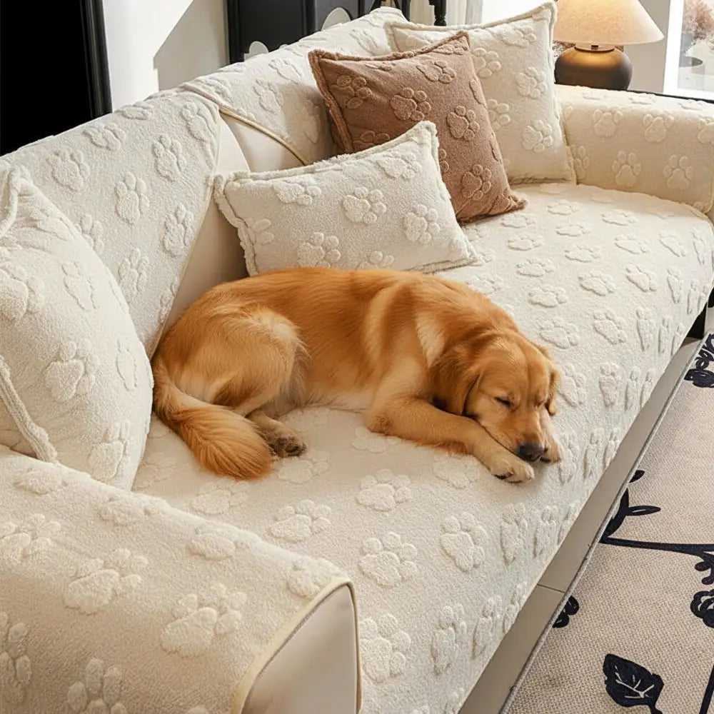 Cute Paw Print Plush Thick Sofa Cover – Non-Slip Couch Protector & Decor