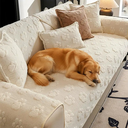 Cute Paw Print Plush Thick Sofa Cover – Non-Slip Couch Protector & Decor