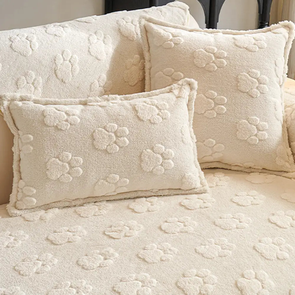 Cute Paw Print Plush Thick Sofa Cover – Non-Slip Couch Protector & Decor