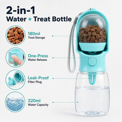 Dog Water Bottle with Food Container, 2-in-1 for Walks & Hikes