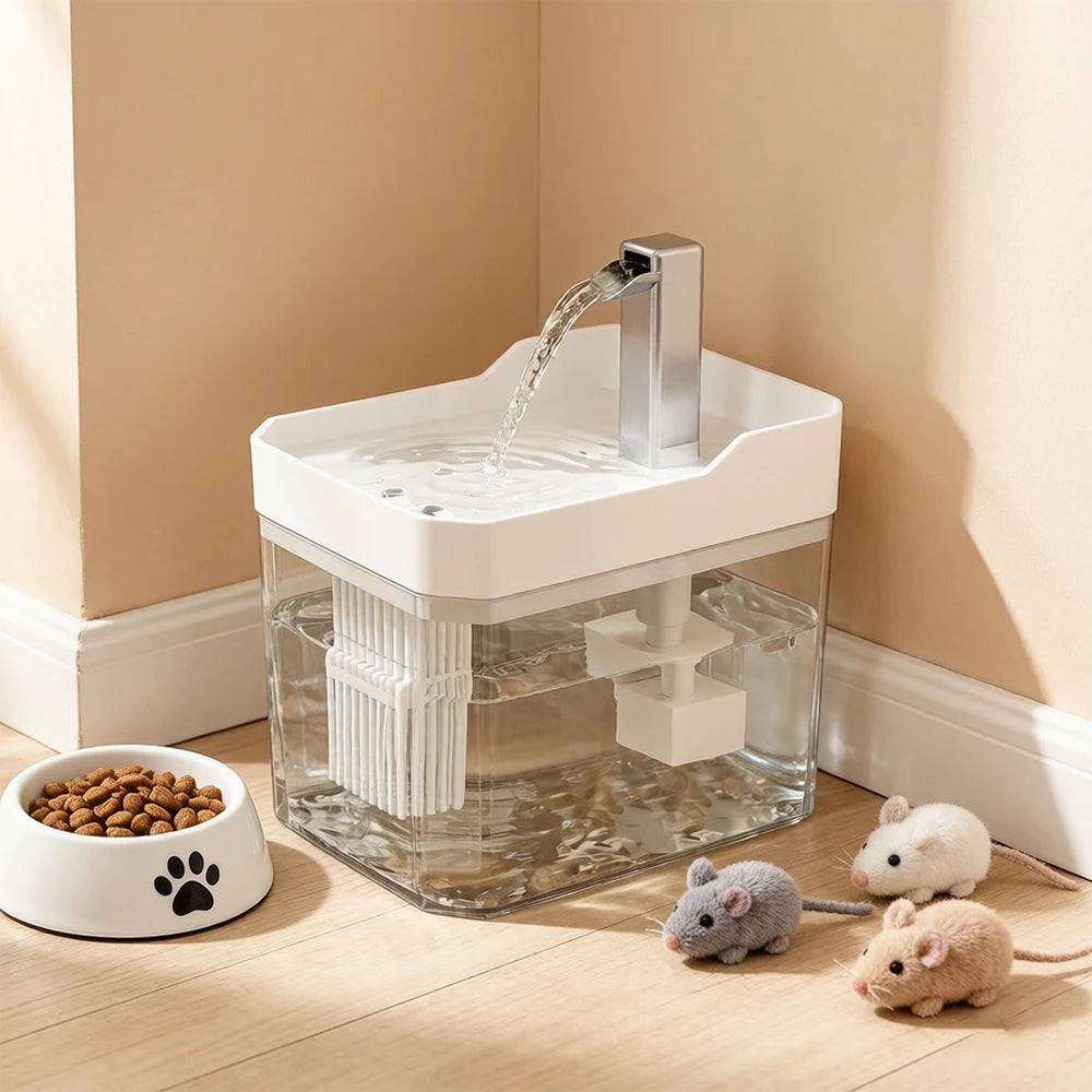 Cat water fountain on a kitchen floor with toy mice