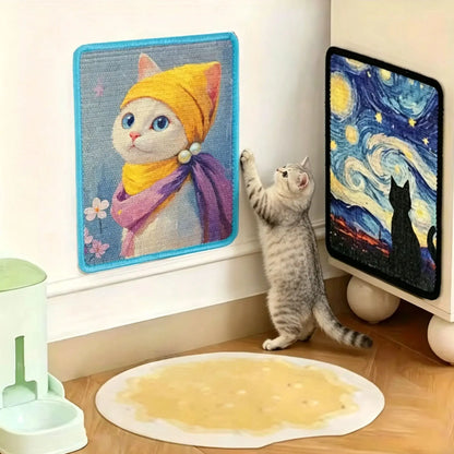 Cat scratching an art print wall scratcher mounted on a cabinet