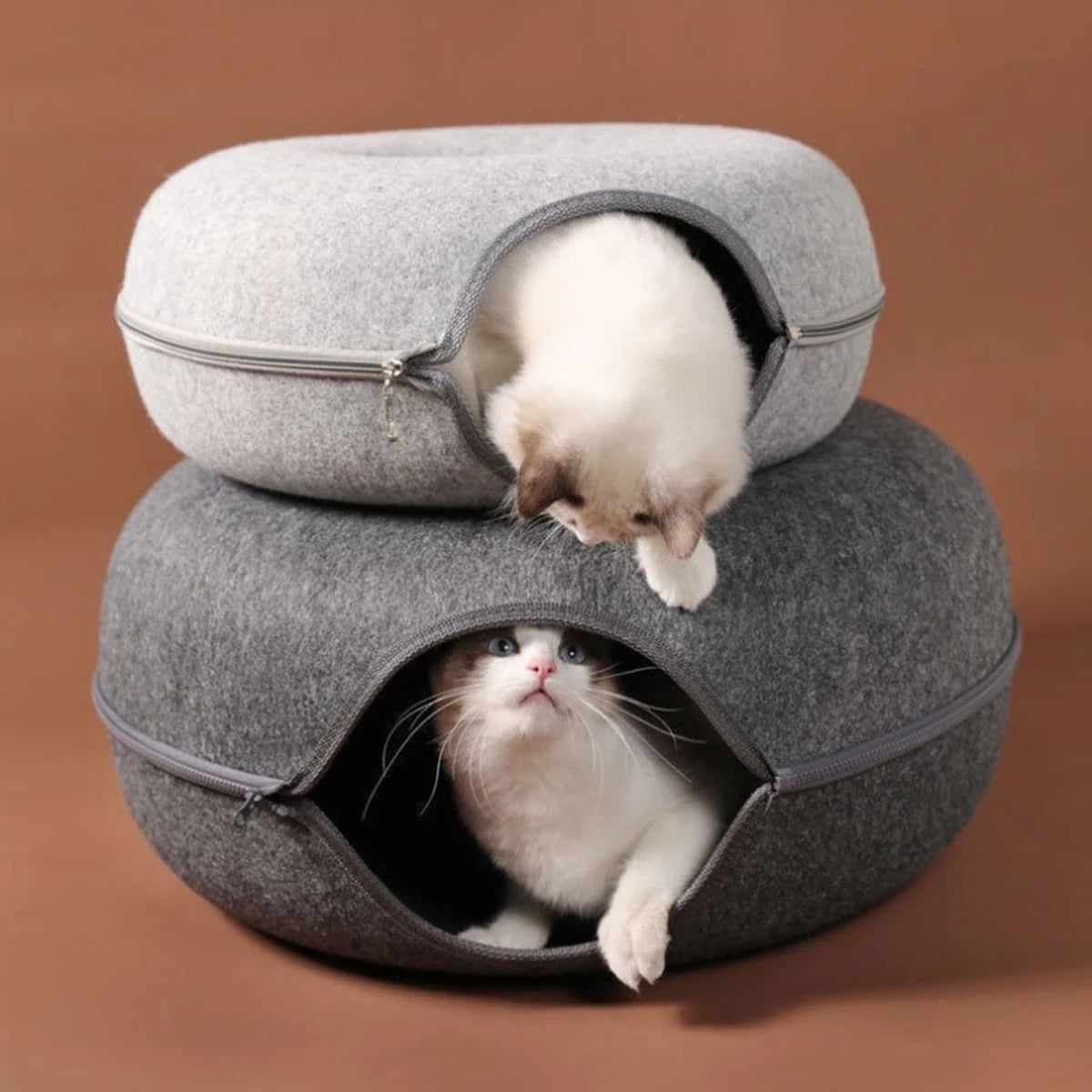 Two felt tunnel beds stacked with cats inside