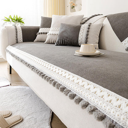 All-Season Corduroy Couch Cover – Soft, Water-Resistant, Anti-Scratch Protection with Pom-Poms