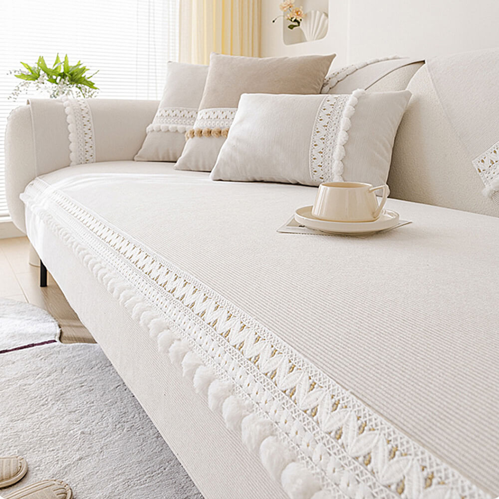 All-Season Corduroy Couch Cover – Soft, Water-Resistant, Anti-Scratch Protection with Pom-Poms