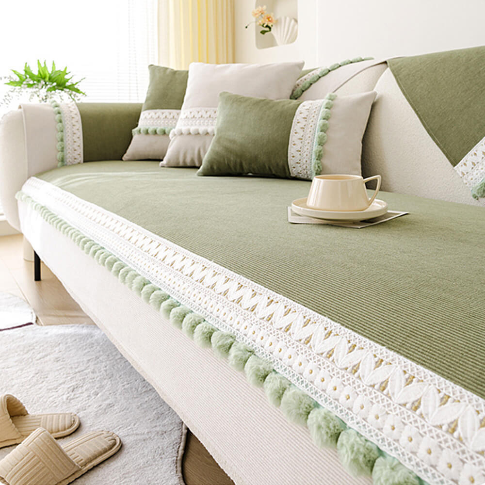 All-Season Corduroy Couch Cover – Soft, Water-Resistant, Anti-Scratch Protection with Pom-Poms