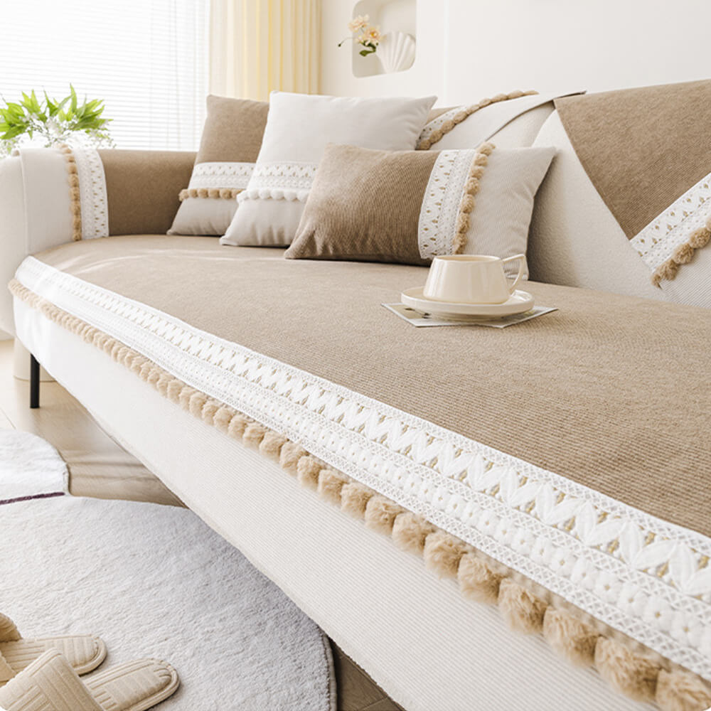 All-Season Corduroy Couch Cover – Soft, Water-Resistant, Anti-Scratch Protection with Pom-Poms