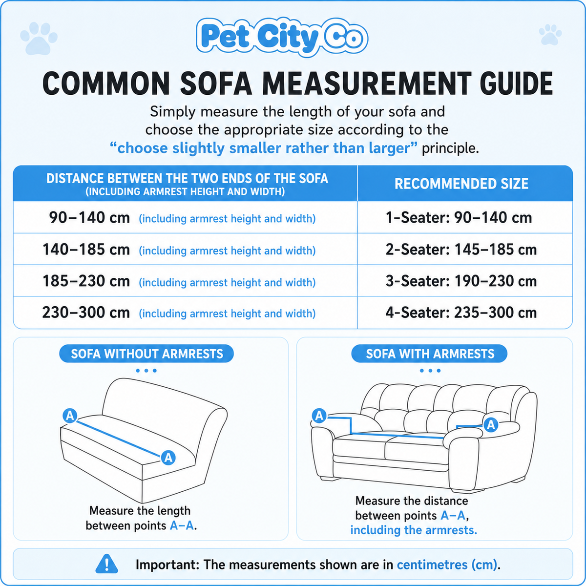 Sofa measuring guide: measure the distance between the two outer ends of the sofa, including armrest height and width, then match it to the recommended 1, 2, 3 or 4 seater size.