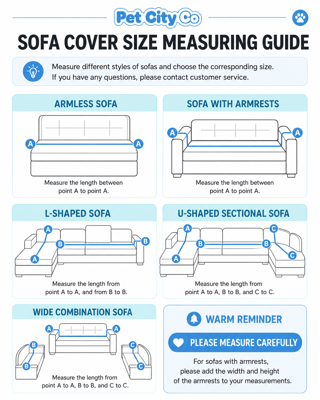 Sofa cover size measuring guide for armless sofas, sofas with armrests, L-shaped sofas and U-shaped sectionals.