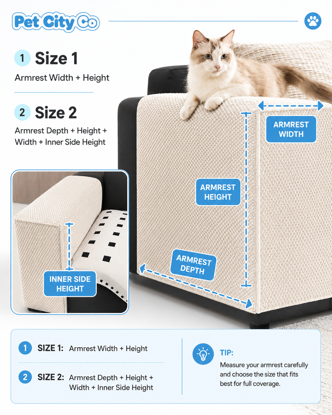 Armrest cover sizing guide showing armrest width, armrest height, armrest depth and inner side height.