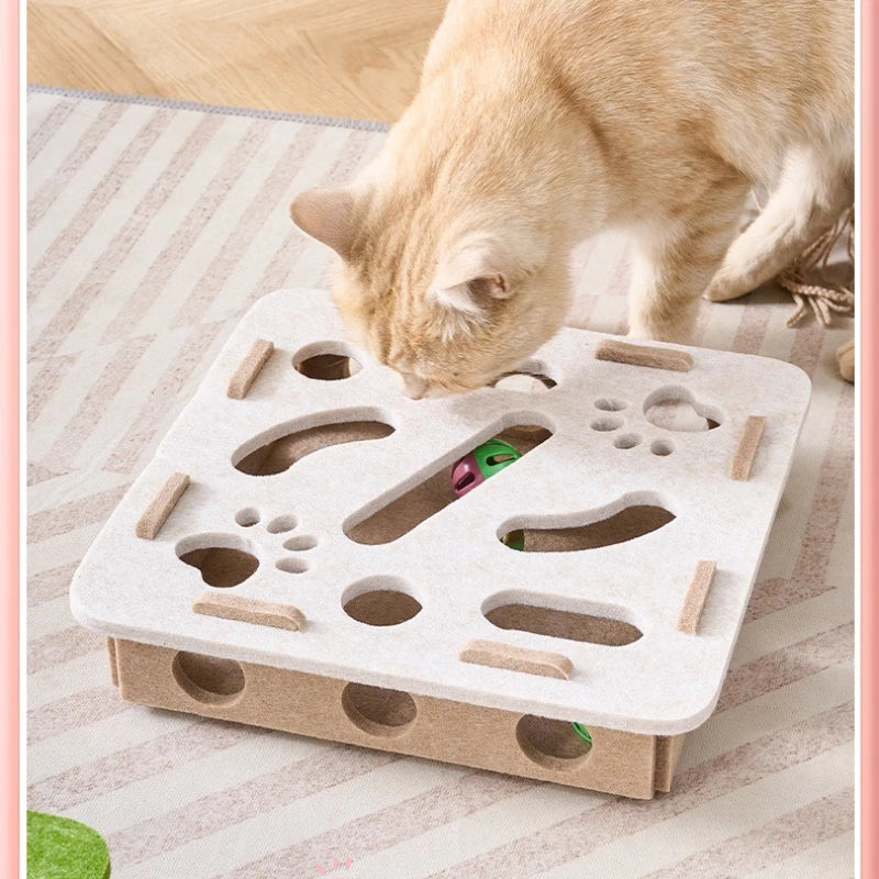 Cat reaching into a white felt puzzle box