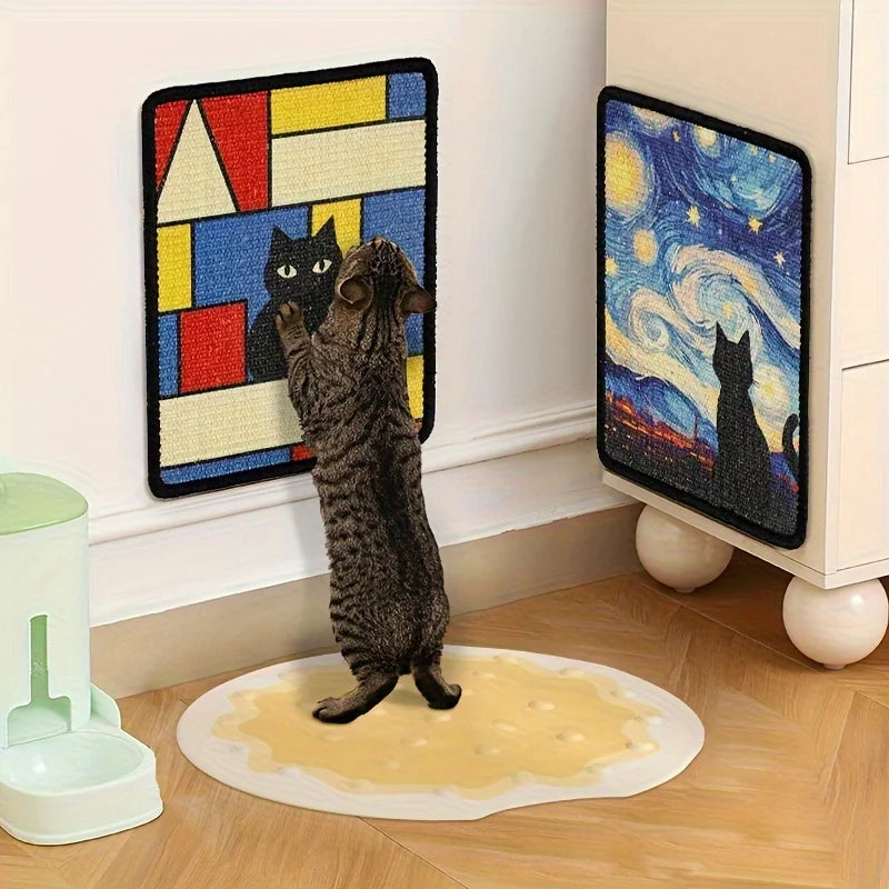 Cat stretching up on a geometric art wall scratcher