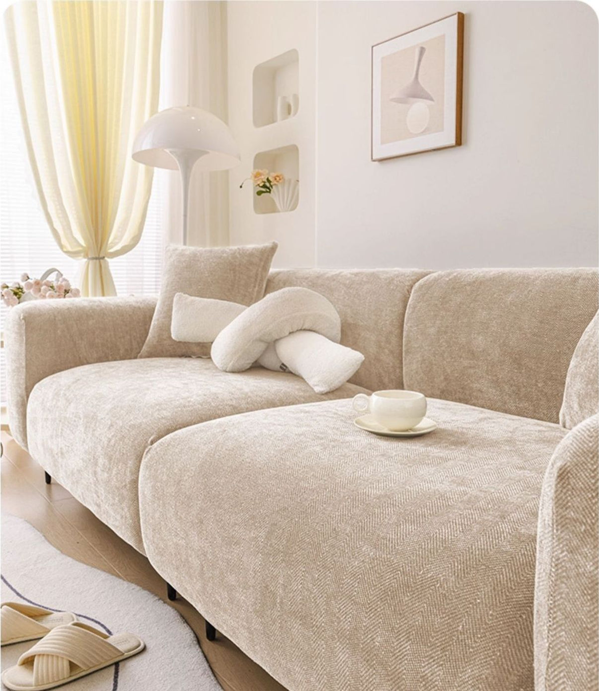 Beige herringbone chenille full coverage sofa cover