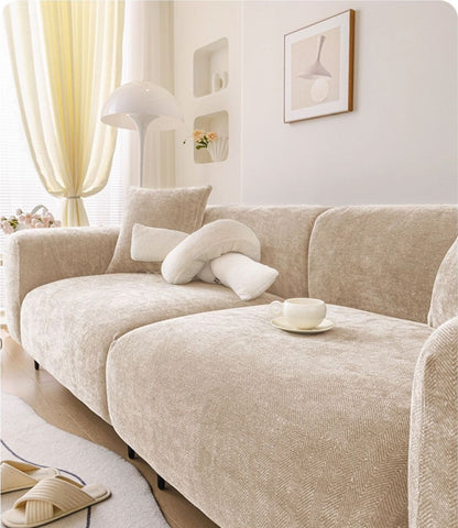 Beige herringbone chenille full coverage sofa cover